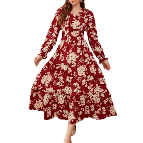 BSLVWG Damen Floral Print V-Ausschnitt A-Linie Maxikleid Lange Ärmel Langes Kleid Casual Wrap Elastische Herbst Swing Kleid (DE/NL/SE/PL, Alphanumerisch, S, Regular, Regular, Rot) von BSLVWG