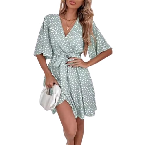 BSLVWG Damen Maxi Kleid Rüschen Blütenblatt Kurzarm V-Ausschnitt Floral Flowy Sommer Strand Urlaub Sundress Casual Langes Kleid (DE/NL/SE/PL, Alphanumerisch, L, Regular, Regular, Grün-1) von BSLVWG