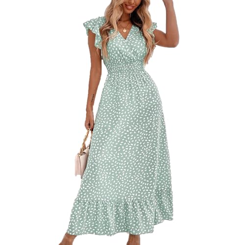 BSLVWG Damen Maxi Kleid Rüschen Blütenblatt Kurzarm V-Ausschnitt Floral Flowy Sommer Strand Urlaub Sundress Casual Langes Kleid (DE/NL/SE/PL, Alphanumerisch, S, Regular, Regular, Grün) von BSLVWG