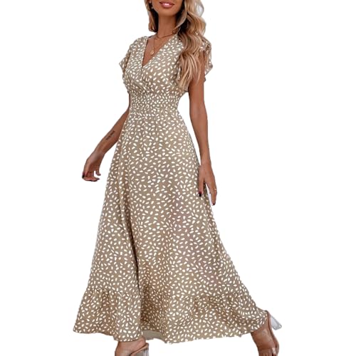 BSLVWG Damen Maxi Kleid Rüschen Blütenblatt Kurzarm V-Ausschnitt Floral Flowy Sommer Strand Urlaub Sundress Casual Langes Kleid (DE/NL/SE/PL, Alphanumerisch, XL, Regular, Regular, Khaki) von BSLVWG