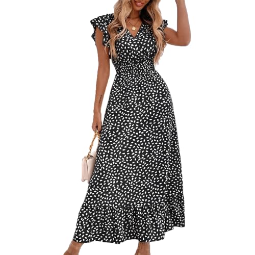 BSLVWG Damen Maxi Kleid Rüschen Blütenblatt Kurzarm V-Ausschnitt Floral Flowy Sommer Strand Urlaub Sundress Casual Langes Kleid (DE/NL/SE/PL, Alphanumerisch, XL, Regular, Regular, Schwarz) von BSLVWG
