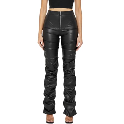 BSLVWG Damen Soft Kunstleder PU Leggings Butt Lift High Waisted Full-Length Hose Plissee Hose Bootcut Hose (DE/NL/SE/PL, Alphanumerisch, M, Regular, Regular, Schwarz) von BSLVWG