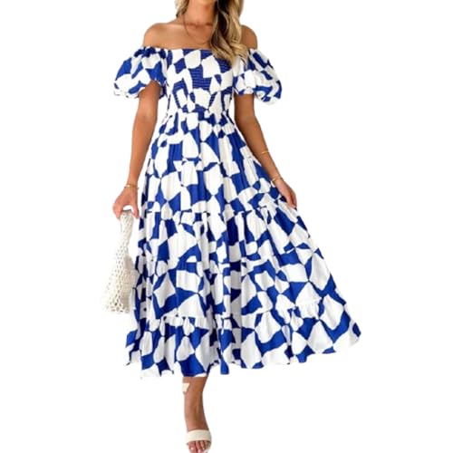 BSLVWG Damen Sommer Off Shoulder Kleid Floral Print Flowy A Line Maxikleider Boho Puffärmel Strand Langes Maxikleid (DE/NL/SE/PL, Alphanumerisch, M, Regular, Regular, 02) von BSLVWG
