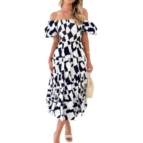 BSLVWG Damen Sommer Off Shoulder Kleid Floral Print Flowy A Line Maxikleider Boho Puffärmel Strand Langes Maxikleid (DE/NL/SE/PL, Alphanumerisch, XL, Regular, Regular, 04) von BSLVWG