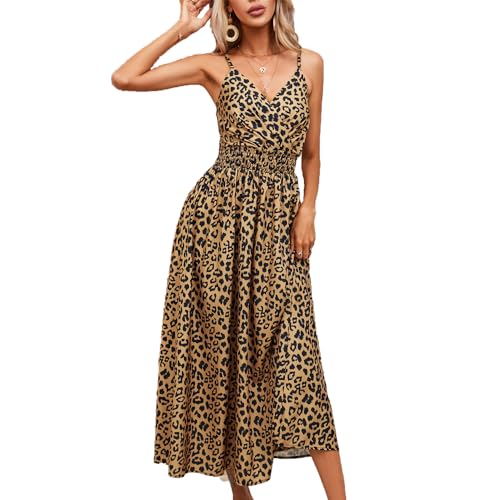 BSLVWG Damen Sommer Spaghetti Träger ausgestelltes V-Ausschnitt Kleid Rüschen Ärmellos Leopard Strand langes Kleid (DE/NL/SE/PL, Alphanumerisch, L, Regular, Regular, Braun) von BSLVWG