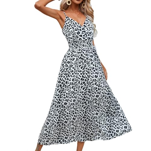 BSLVWG Damen Sommer Spaghetti Träger ausgestelltes V-Ausschnitt Kleid Rüschen Ärmellos Leopard Strand langes Kleid (DE/NL/SE/PL, Alphanumerisch, L, Regular, Regular, Weiß) von BSLVWG