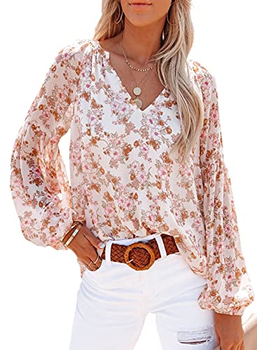 BSLVWG Damen V-Ausschnitt Tops Puff Langarm T-Shirt Plissee Floral Printed Tunika Bluse Shirts Chiffon Blusen Tops Casual T-Shirts (DE/NL/SE/PL, Alphanumerisch, XL, Große Größen, Regular, Weiß) von BSLVWG