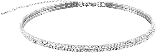 BSLVWG Doppelschicht Strass Choker Halskette Silber Diamant Reihe Halsketten Funkelnde Kristall Halskette Kette Jewerly Mode Minimalist Party Prom Zubehör für Frauen und Mädchen von BSLVWG