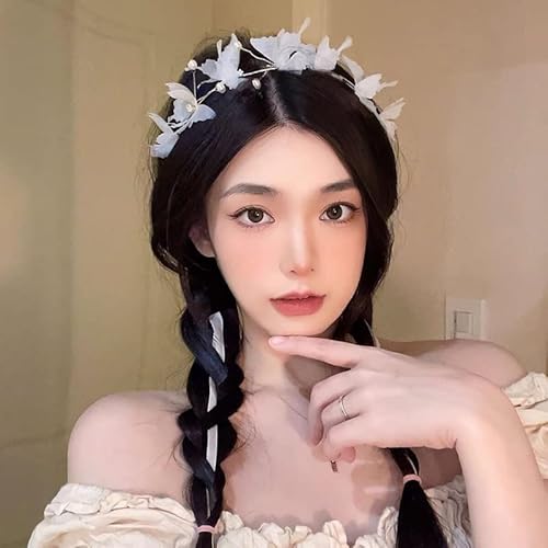 BSLVWG Fee Braut Kopf Kette Weiße Schmetterling Perle Braut Kopfstück Quaste Stirnband Haar Stück Festival Hochzeit Haar Zubehör für Frauen von BSLVWG