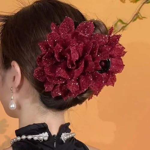 BSLVWG Große große Mesh Rose Floral Blume Kunststoff Haarklauen Clips Perlen Barretten Klemmen Chignon Updo Halter Haarzubehör für Damen (Rot) von BSLVWG