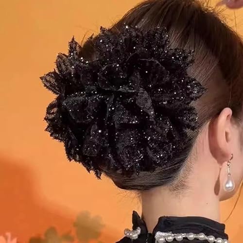 BSLVWG Große große Mesh Rose Floral Blume Kunststoff Haarklauen Clips Perlen Barretten Klemmen Chignon Updo Halter Haarzubehör für Damen (Schwarz) von BSLVWG