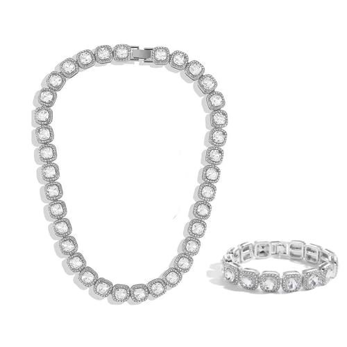 BSLVWG Herren Kubanische Link Kette Silber Miami Armband Bling Diamant Kristall Tennis Halskette Choker Funken Strass für Mens Damen 13MM Hip Hop Schmuck (Silber) von BSLVWG