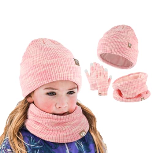 BSLVWG Kinder Winter Beanie Hut Schal Handschuh Set, Kinder Winter Warm Strick Set Thermische Kappe mit Nackenwärmer Handschuhe Weiche Hut Schal Mitten für Kleinkind 2-8 Jahre alt (Rosa) von BSLVWG