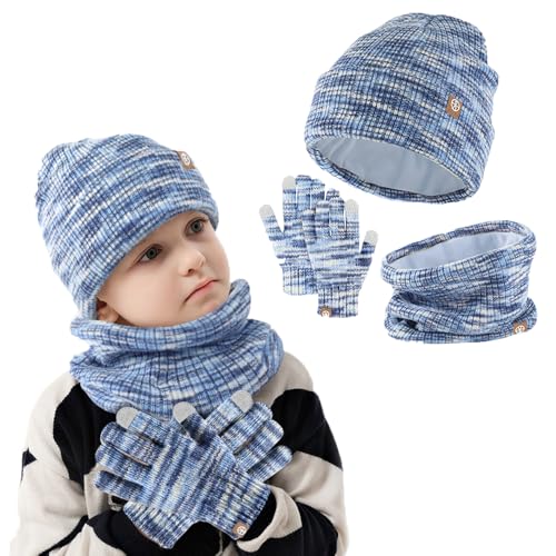 BSLVWG Kinder Winter Beanie Hut Schal Handschuh Set, Kinder Winter Warm Strick Set Thermische Kappe mit Nackenwärmer Handschuhe Weiche Hut Schal Mitten für Kleinkind 2-8 Jahre alt (Blau) von BSLVWG