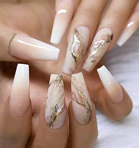 BSLVWG Künstliche Nägel Lange Kunstnägel Goldfolie Press on Nails Ballerina Acryl Stick on Nails 24 Stück für Frauen und Mädchen (16) von BSLVWG