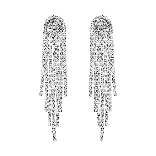 BSLVWG Lange Quaste Ohrringe Kristall Kronleuchter Ohrring Bohemian Strass Fransen Kette Ohrring Brautschmuck Silber Quaste Drop Dangle Ohrringe für Prom Braut Hochzeit Braut,Frauen von BSLVWG