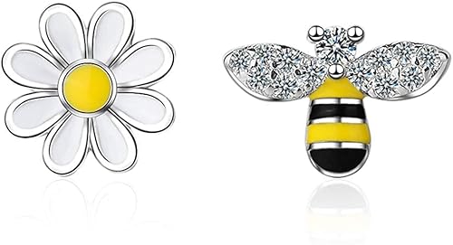 BSLVWG Mini Biene Gänseblümchen Blume Asymmetrische Ohrstecker für Frauen Teenager Mädchen Sensibles Ohr Mode Tier Niedlich Piercing Post Hypoallergen Modeschmuck Geschenke Geburtstag von BSLVWG