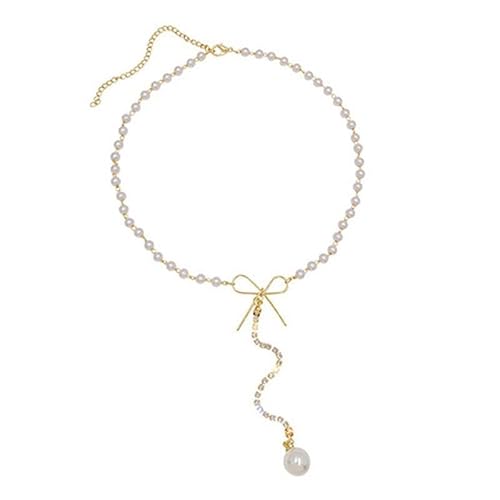 BSLVWG Perle Choker Halskette Boho Perle Perlen Bowknot Halskette Gold Perle Anhänger Kette Strass Halskette Perle Clavicle Y Halskette Schmuck für Frauen und Mädchen von BSLVWG