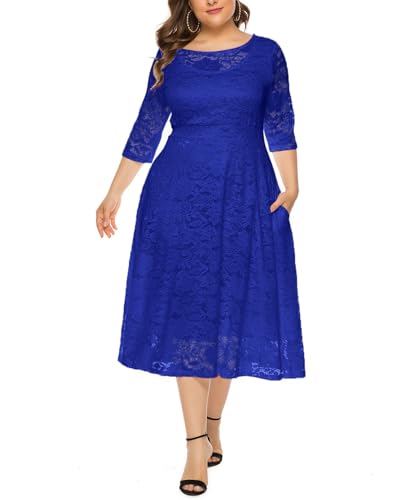 BSLVWG Plus Size Spitze Cocktailkleider Sommer Rundhals Kurzarm Hochzeit Gast Midi Kleid mit Tasche (DE/NL/SE/PL, Alphanumerisch, 6XL, Große Größen, Regular, Blau) von BSLVWG