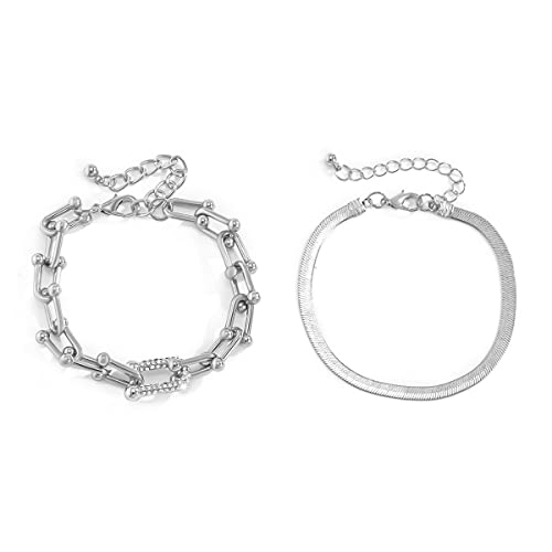 BSLVWG Punk-Armband für Frauen, Double Layered Paperclip Link Armband Snake Chain Armband Set Cuban Link Chain Armbänder Chunky Thick Cuff Armbänder Schmuck für Frauen Mädchen (Silber) von BSLVWG