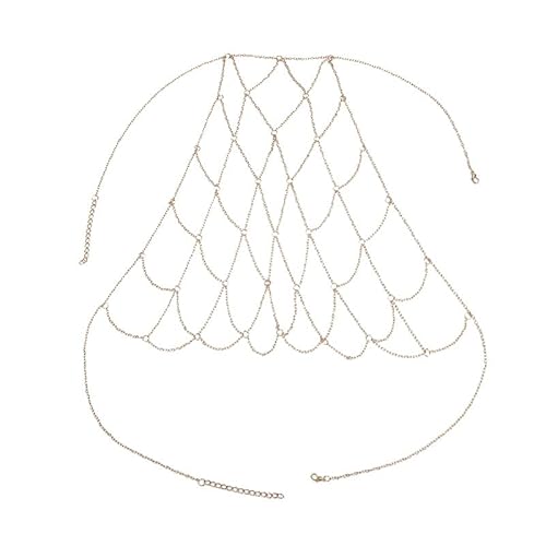 BSLVWG Sommer Strand BH Körperkette Gold Harness Sexy Handgemachte Mesh Brust Kette Bikini Kette Nachtclub Bikini Körperkette Körperzubehör Verstellbar für Frauen und Mädchen, 45cm+5cm, von BSLVWG