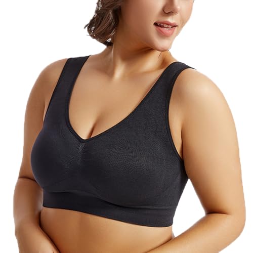 BSLVWG Sport BHS Frauen Plus Größe für große Brüste Nicht verdrahtet Abnehmbare gepolsterte Schlaf BHS Push Up Top für Yoga (DE/NL/SE/PL, Alphanumerisch, 3XL, Große Größen, Regular, Schwarz) von BSLVWG