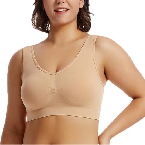 BSLVWG Sport BHS Frauen Plus Größe für große Brüste Nicht verdrahtet Abnehmbare gepolsterte Schlaf BHS Push Up Top für Yoga (DE/NL/SE/PL, Alphanumerisch, 4XL, Große Größen, Regular, Beige) von BSLVWG