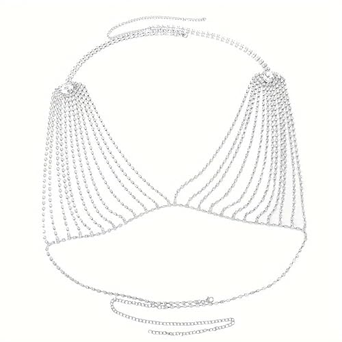 BSLVWG Strass-Brustkette, goldfarben, Bikini-BH, Kette, Geschirr, Körperkette, Brustkette, Dessous, Halskette, Zubehör, Sommer, Strand, Nachtclub, Schmuck für Damen und Mädchen, 83cm+25cm, von BSLVWG