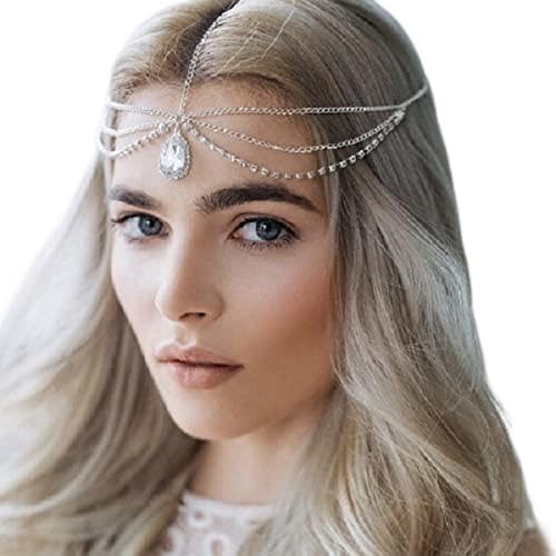 BSLVWG Strass Kopfkette Layered Bridal Headpiece Silber Stirnband Kristall Haarteil Festival Haarschmuck für Frauen, Mädchen, Braut und Brautjungfer von BSLVWG