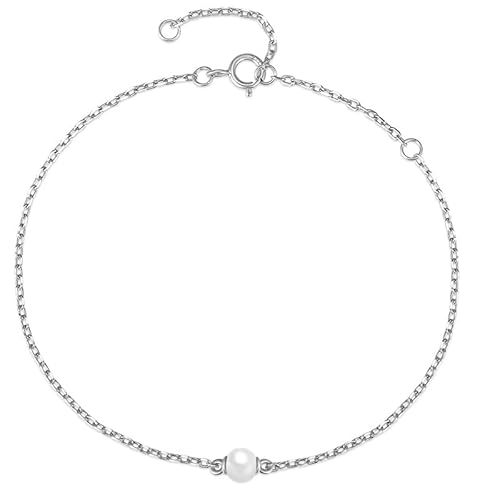 BSLVWG Tiny Pearl Armbänder Kette 925 Sterling Silber Perle Handkette Hand Dainty Pearl Armbänder Minimalist Everyday Pearl Armband Schmuck für Frauen Mädchen (Silber) von BSLVWG