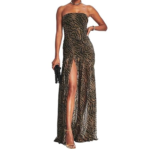 BSLVWG Tube Top Kleid Schlanke Trägerlose Rückenlose Mesh Leopard Print Hohe Seite Schlitz Cocktail Bodycon Langes Kleid Party Nachtkleid (DE/NL/SE/PL, Alphanumerisch, M, Regular, Regular, Braun) von BSLVWG