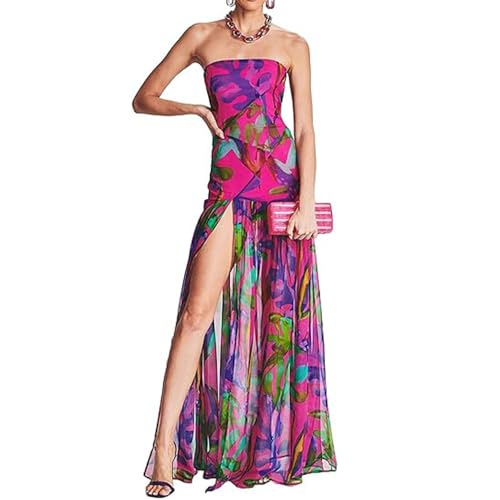 BSLVWG Tube Top Kleid Schlanke Trägerlose Rückenlose Mesh Leopard Print Hohe Seite Schlitz Cocktail Bodycon Langes Kleid Party Nachtkleid (DE/NL/SE/PL, Alphanumerisch, S, Regular, Regular, Lila) von BSLVWG