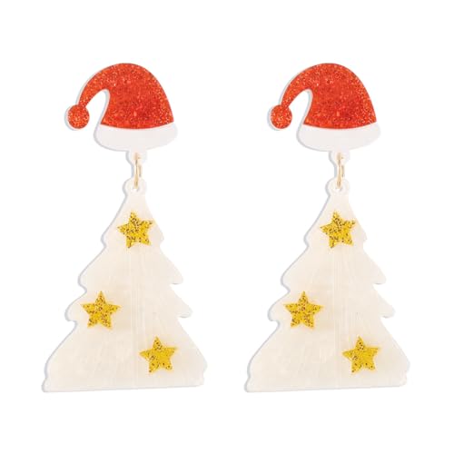 BSLVWG Weihnachts-Ohrringe für Frauen-Weihnachtsbaum-Tropfen-Ohrringe für Mädchen, Weihnachts-Weihnachten-Präsentiert Schmuck Acryl Dangle Ohrringe, Weihnachts-Ohrringe Geschenke für sie (Weiß Hut) von BSLVWG