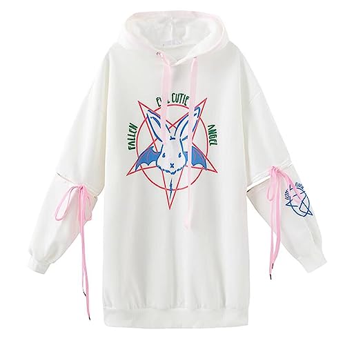 BSTANG Herbst Lace Up Hoodies Cartoon Rabbit Pentacle Print Sweatshirt Kawaii Langarm Lose Frauen Trainingsanzug - Wei� - Medium von BSTANG