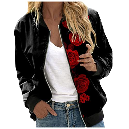 BSWFA Frühlingsjacke Damen, Frühling Herbst Langram Casual Jacke Mode Blumenmuster Bomberjacke Damen Winter Kurz Jacke Reißverschluss Stehkragen Outwear Damen übergangsjacke Frühling Z01H-Rot M von BSWFA