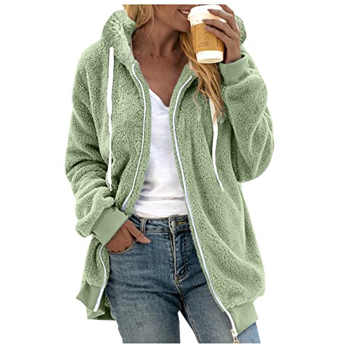 BSWFA Kapuzenpullover Damen Herbst Winter Warmer Hoodie Pullover Teddy-Fleece Mantel Langarmshirt Sweatshirt Mit Kapuze Reißverschluss Jacken Outwear (#01D-Green, XXL) von BSWFA