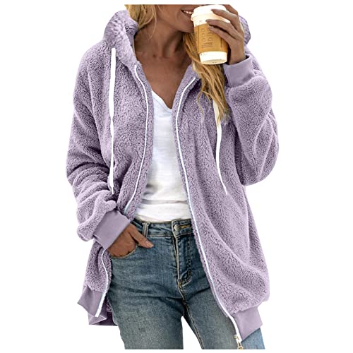 BSWFA Kapuzenpullover Damen Herbst Winter Warmer Hoodie Pullover Teddy-Fleece Mantel Langarmshirt Sweatshirt Mit Kapuze Reißverschluss Jacken Outwear (#01D-Purple, XXXL) von BSWFA