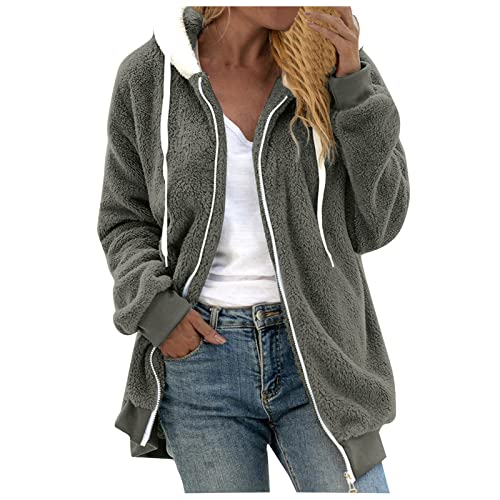 BSWFA Kapuzenpullover Damen Herbst Winter Warmer Hoodie Pullover Teddy-Fleece Mantel Langarmshirt Sweatshirt Mit Kapuze Reißverschluss Jacken Outwear (#01E-Grey, XL) von BSWFA