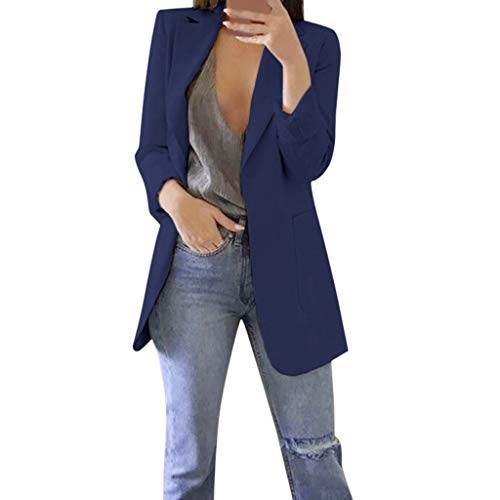 Blazer Damen Einfarbig Slim Fit Jacke Mantel Herbst Freizeit Coat Schuljacke Rever Geschäft Büro Anzüge Elegant Langarm Sakko Blazer mit Tasche (1-Dark Blue, M) von BSWFA