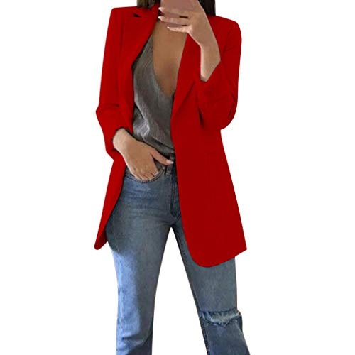 Blazer Damen Einfarbig Slim Fit Jacke Mantel Herbst Freizeit Coat Schuljacke Rever Geschäft Büro Anzüge Elegant Langarm Sakko Blazer mit Tasche (1-Red, L) von BSWFA