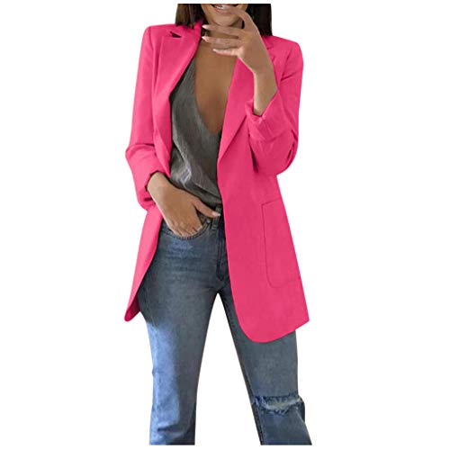 Blazer Damen Einfarbig Slim Fit Jacke Mantel Herbst Freizeit Coat Schuljacke Rever Geschäft Büro Anzüge Elegant Langarm Sakko Blazer mit Tasche (2-Hot Pink, L) von BSWFA