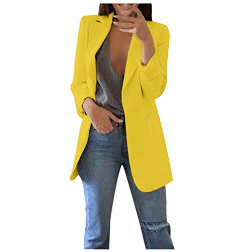 Blazer Damen Einfarbig Slim Fit Jacke Mantel Herbst Freizeit Coat Schuljacke Rever Geschäft Büro Anzüge Elegant Langarm Sakko Blazer mit Tasche (2-Yellow, L) von BSWFA