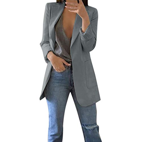 Blazer Damen Einfarbig Slim Fit Jacke Mantel Herbst Freizeit Coat Schuljacke Rever Geschäft Büro Anzüge Elegant Langarm Sakko Blazer mit Tasche (3-Grey, XL) von BSWFA