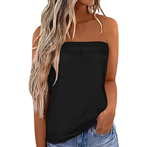 Bluse Ärmellos Damen, Schulterfrei Trägerlose Bandeau Tube Tank Tops Bluse Shirt Ärmellos Sommer Casual Basic Tank Tops Schlauchshirt Oberteile Tunika Damen Sommer Strand Z01D-Schwarz M von BSWFA