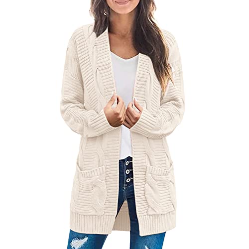 Damen Cardigan Langarm Button Down Strickjacke Herbst Winter Casual Strickcardigan Open Front Sweater mit Taschen (#01C-Beige, L) von BSWFA