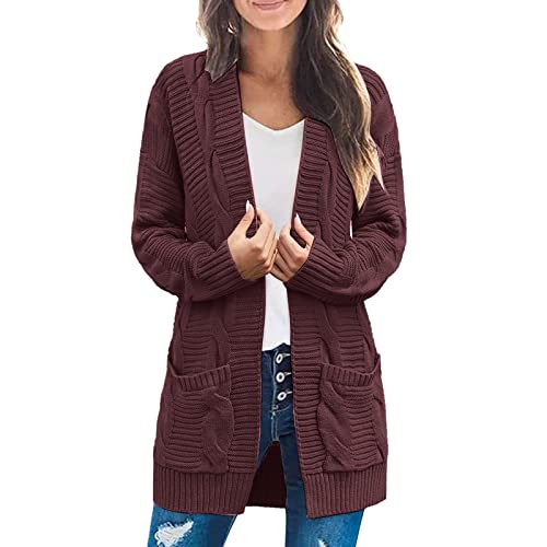 Damen Cardigan Langarm Button Down Strickjacke Herbst Winter Casual Strickcardigan Open Front Sweater mit Taschen (#01C-Wine, XL) von BSWFA