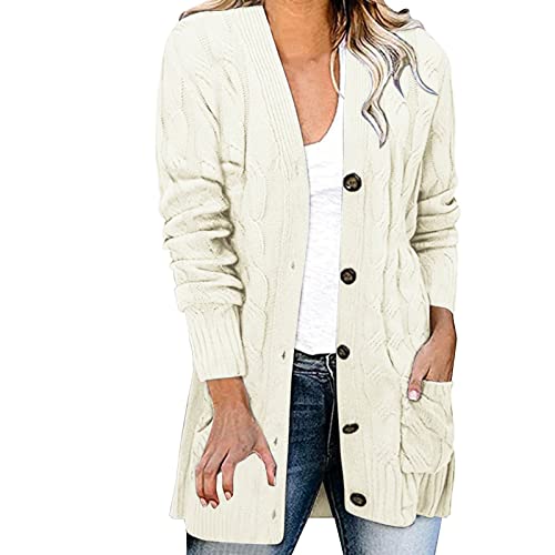 Damen Cardigan Langarm Button Down Strickjacke Herbst Winter Casual Strickcardigan Open Front Sweater mit Taschen (#01D-Beige, XXL) von BSWFA