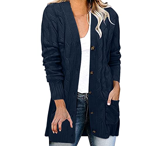 Damen Cardigan Langarm Button Down Strickjacke Herbst Winter Casual Strickcardigan Open Front Sweater mit Taschen (#01D-Navy, L) von BSWFA