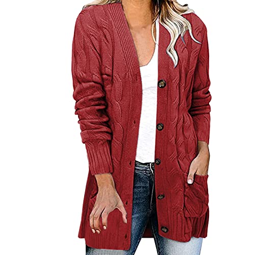 Damen Cardigan Langarm Button Down Strickjacke Herbst Winter Casual Strickcardigan Open Front Sweater mit Taschen (#01D-Red, M) von BSWFA