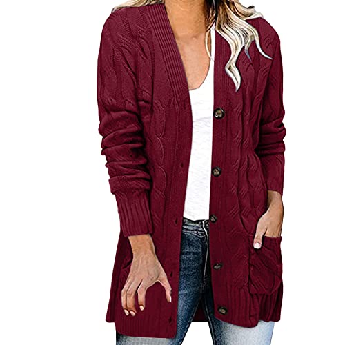 Damen Cardigan Langarm Button Down Strickjacke Herbst Winter Casual Strickcardigan Open Front Sweater mit Taschen (#01D-Wine, S) von BSWFA